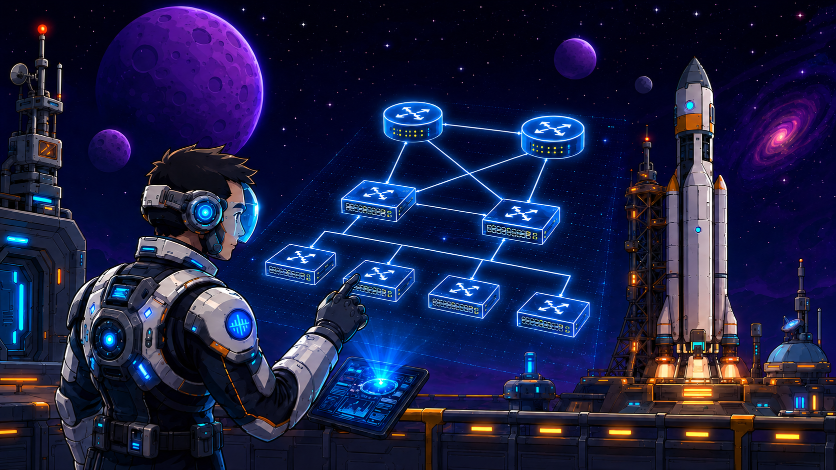 Sci-fi illustration of a rocket and astronaut network engineer